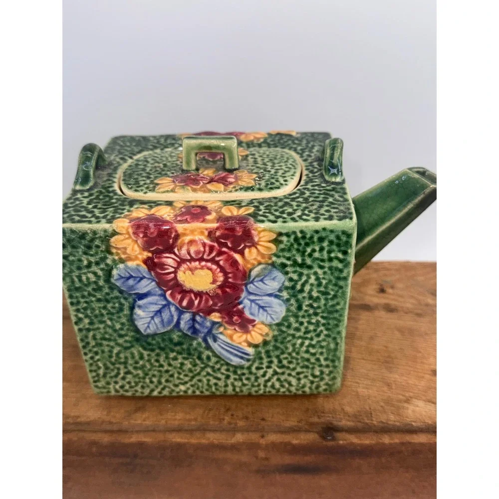 Vintage Japanese Square Ceramic Teapot Floral Majolica Style Green Made in Japan